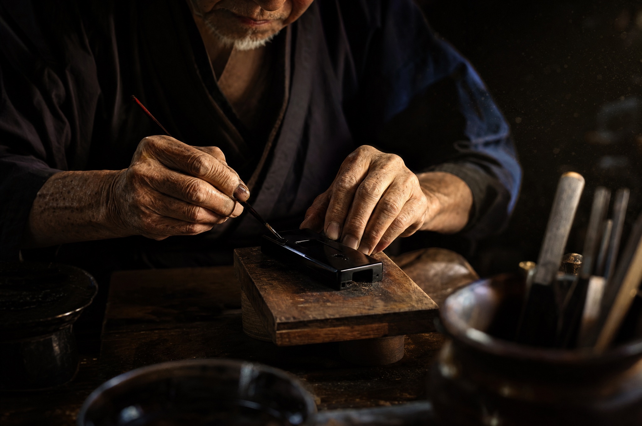The hands of an urushi master applying lacquer to a device housing by candlelight