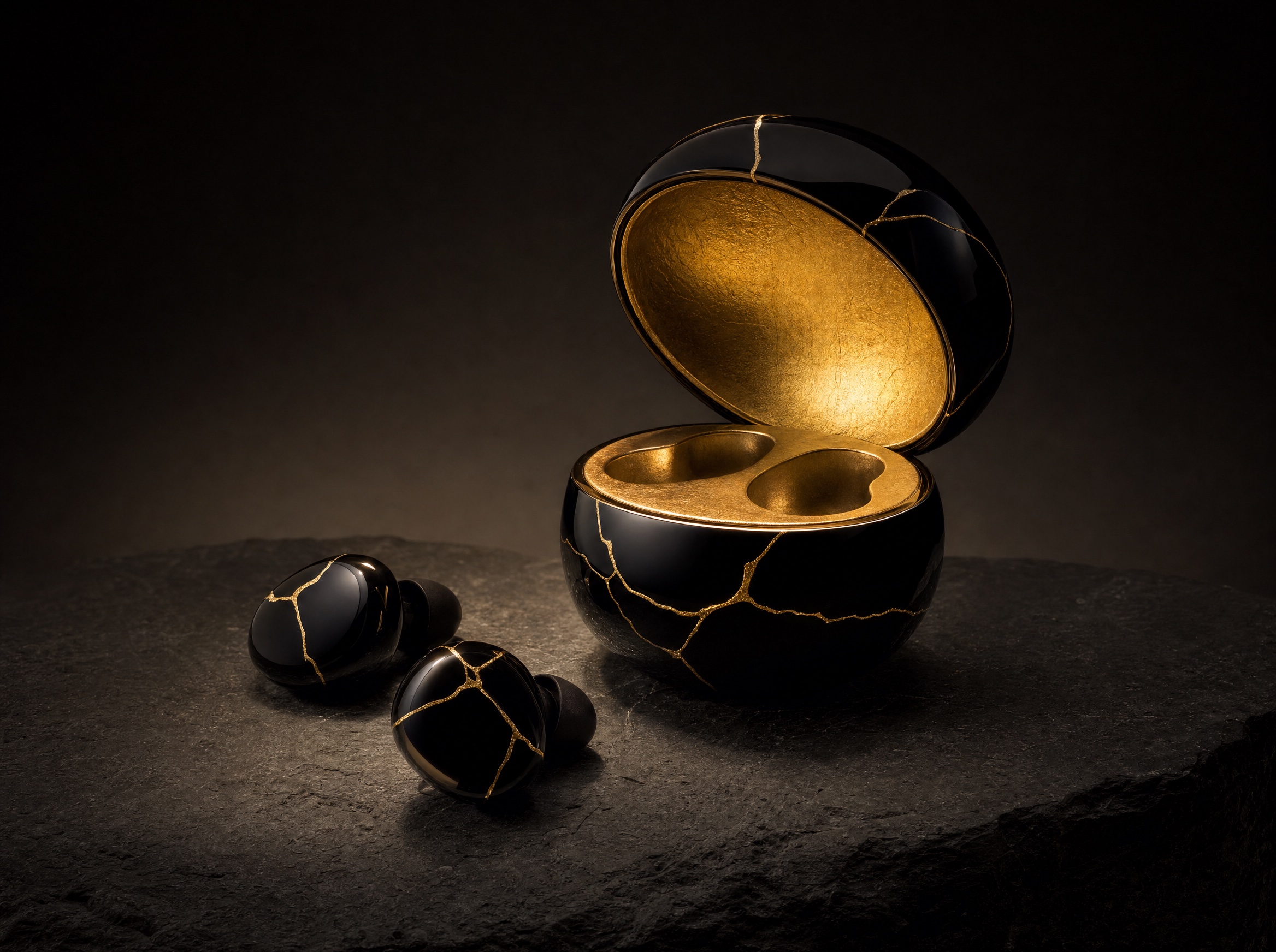 KOE lacquer earbuds beside their circular case lined in gold leaf